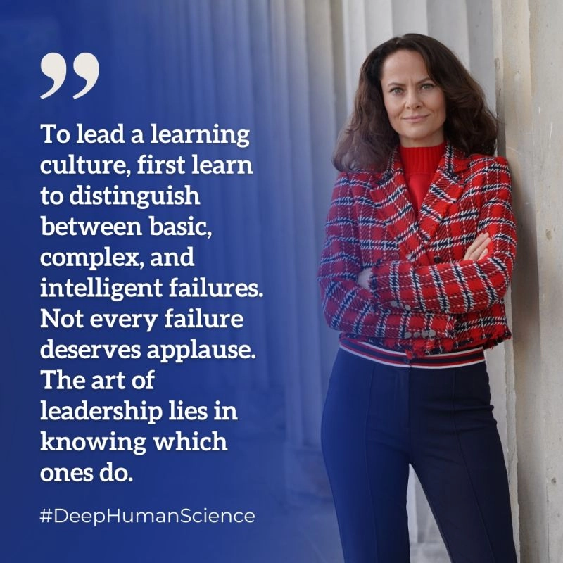 Madeleine Bernhardt standing confidently beside a column with quote about learning culture and leadership, emphasizing the difference between basic, complex, and intelligent failures.